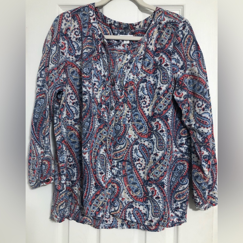 J.Jill paisley V neck pintuck blouse shirt women’s size medium petite boho